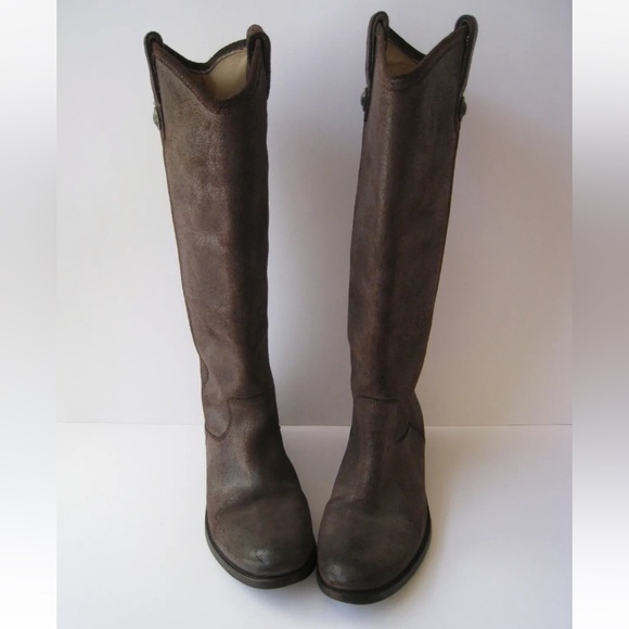 Frye Melissa Logo Distressed Western Boho Brown Leather Tall Riding Boots - Picture 2 of 7